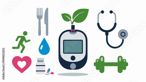 Healthy Lifestyle and Diabetes Care Icon Set illustration