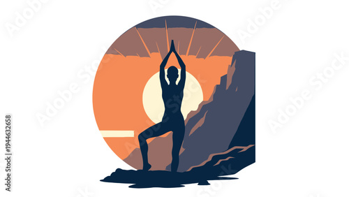 Woman Silhouette in Yoga Pose at Sunset Illustration