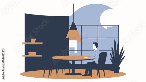 Man Seated Alone at Table in Modern Interior illustration