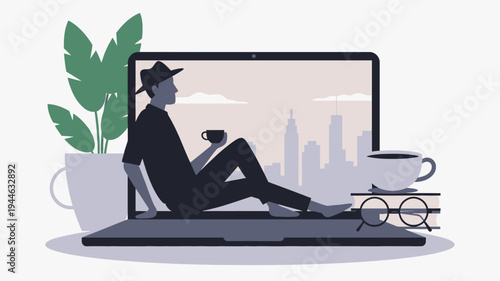 Relaxing Man on Laptop with City View illustration