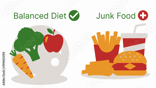 Balanced Diet Vs Junk Food Concept vector illustration