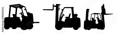 Forklift set with black silhouette, industrial warehouse theme, bold solid fill featuring forklift, forklift silhouette, industrial equipment with warehouse and background