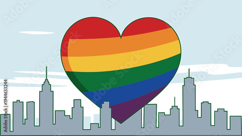 Rainbow Heart Over City Skyline illustration