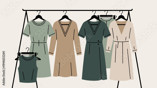 Clothes Rack with Stylish Dresses and Tops vector illustration