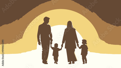 Silhouette of a Family Walking in the Sunset illustration