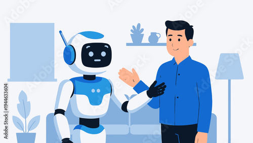 Man Interacting with a Robot in a Living Room vector illustration