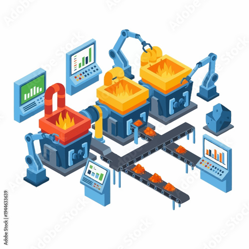 Automated Industrial Manufacturing Production Line with Robotic Arms.