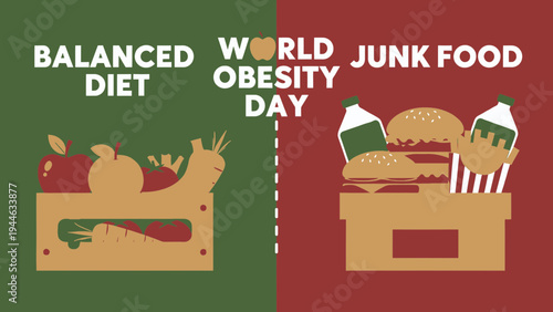Balanced Diet vs. Junk Food Concept for World Obesity Day illustration