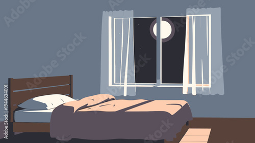 Minimalist Bedroom Interior with Moonlight View illustration