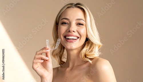 Radiant Woman Smiling with Clear Aligners for Teeth Straightening.