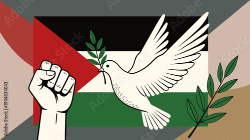 Palestine Flag with Dove of Peace and Raised Fist illustration
