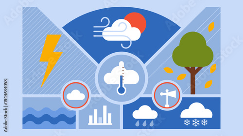 Stylized Weather Forecast Icons on Light Blue Background illustration