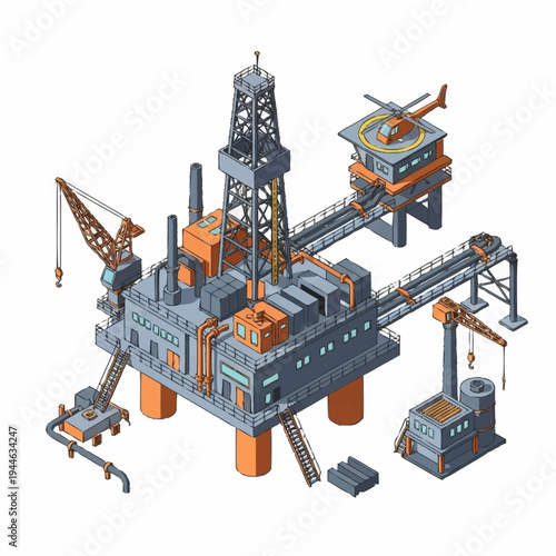 Isometric Offshore Oil Rig Platform with Helicopter Pad and Cranes.