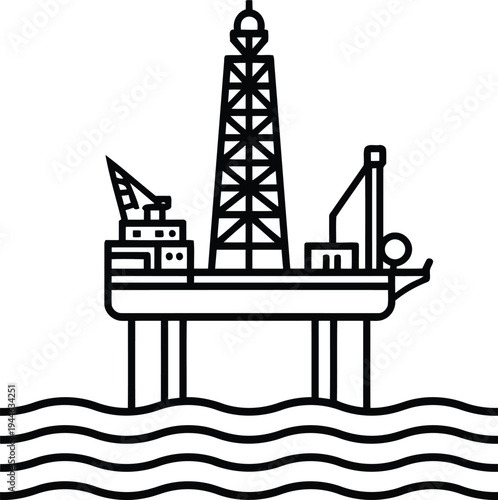 A simple black and white line drawing depicting an offshore oil rig on the water