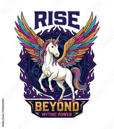 Vibrant unicorn with colorful wings and majestic stance showcasing mythical power in a unique artistic style perfect for fantasy themes and imaginative designs for various applications T-shirt Design