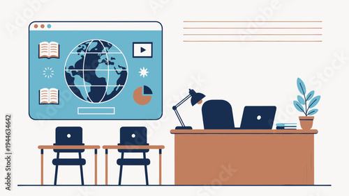 Online Education Concept with Classroom Interior illustration