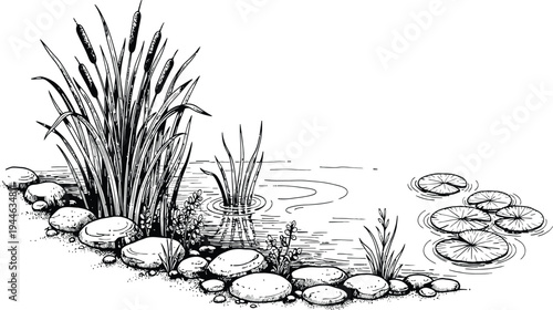 Pond landscape line art illustration with reeds stones and water lilies, peaceful nature wetland scene vector isolated background