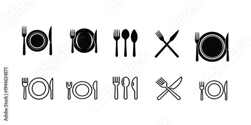 Restaurant cutlery and plate  icon featuring dinner table setting, kitchen fork knife spoon, food service equipment, cafe dining menu more vector illustration or editable stroke.