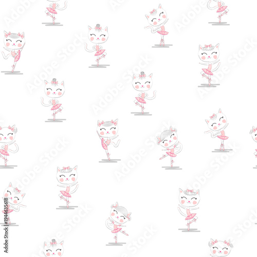 Cute ballerina cat dancing ballet in pink tutu seamless pattern