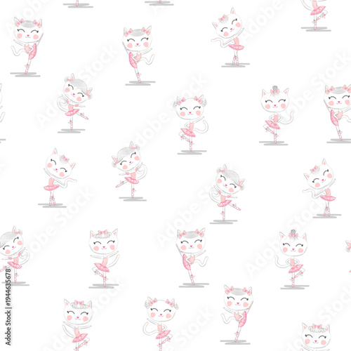 Cute ballerina cat dancing ballet in pink tutu seamless pattern