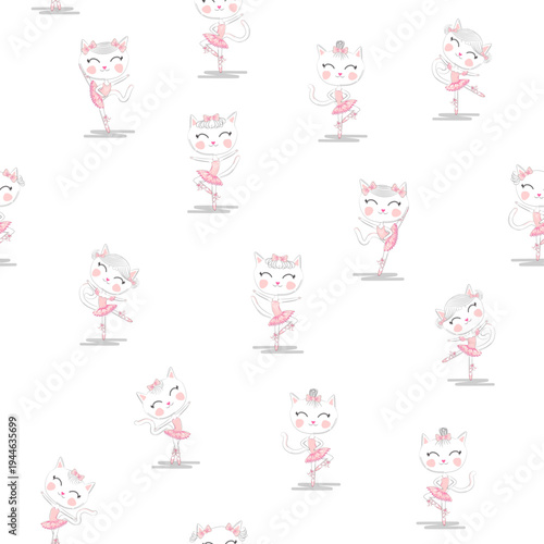 Cute ballerina cat dancing ballet in pink tutu seamless pattern