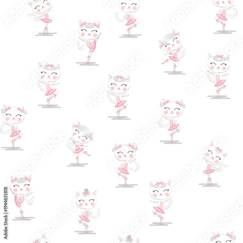 Cute ballerina cat dancing ballet in pink tutu seamless pattern