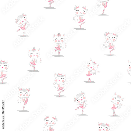 Cute ballerina cat dancing ballet in pink tutu seamless pattern