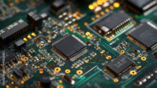 Close up of electronic circuit board with microchips and components