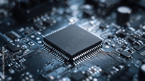 Close up view of a computer processor chip on a circuit board