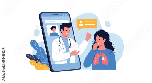 Male doctor providing online medical consultation to a woman with lung issues through a smartphone screen illustration.