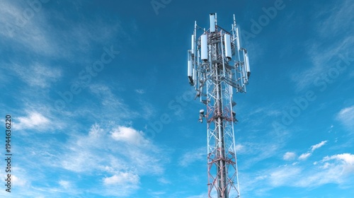 Telecommunication tower against blue sky with white clouds