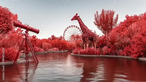 A Surrealistic Dreamscape: A Telescope Overlooking a Fanciful Pond, a Majestic Giraffe, and Distant Ferris Wheel