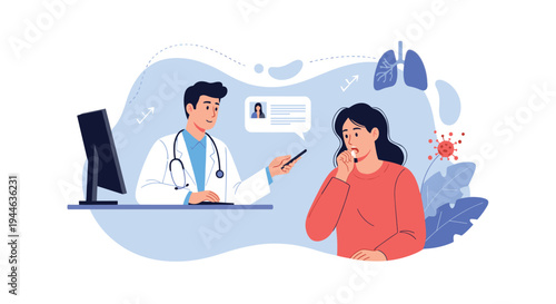 Medical doctor advises a female patient as she takes a pill during a consultation focused on respiratory health and virus.