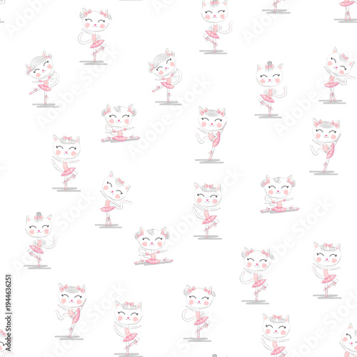 Cute ballerina cat dancing ballet in pink tutu seamless pattern