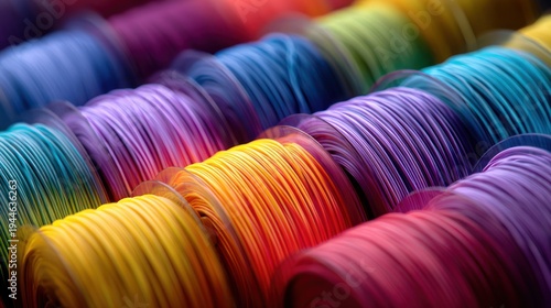 Vibrant rainbow colored threads spooled for textile arts and crafts