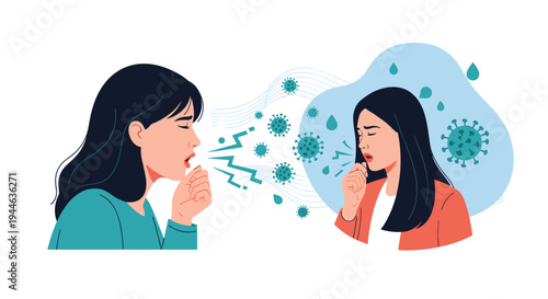 Viral infection transmission concept showing a woman coughing and spreading virus particles to another person nearby.