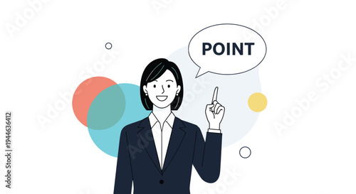 Professional businesswoman in a dark suit pointing her finger up to emphasize a key point with a large text bubble.