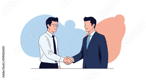 Two professional businessmen in formal attire shaking hands to seal a deal or partnership against abstract shapes.