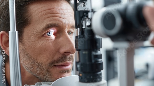 Patient undergoing eye examination with medical equipment in a healthcare setting