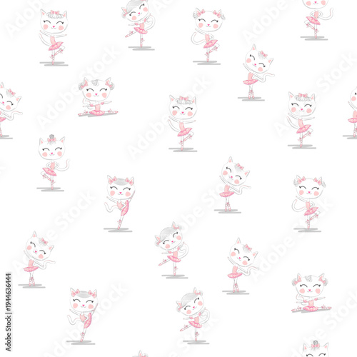 Cute ballerina cat dancing ballet in pink tutu seamless pattern