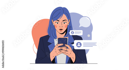 Young woman with blue hair looking surprised while reading messages on her smartphone with floating chat bubbles.