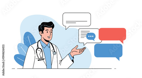 Male doctor gesturing towards several colorful blank speech bubbles representing different medical advice or queries.