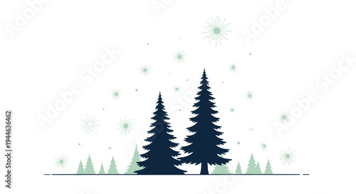 Minimalist winter forest landscape with dark pine trees under a starry night sky or falling snow illustration.