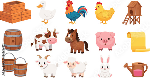 Farm Animals and Equipment Set, Cute Farm Animals like Duck, Rooster, Pig, Cow, Horse, Rabbit, and Accessories like Buckets, Watering Can, and Barn