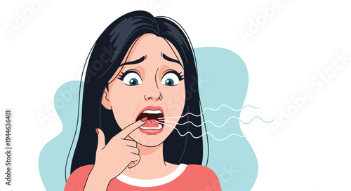 Close-up portrait of a shocked young woman checking her mouth or teeth in a mirror for any oral health issues.