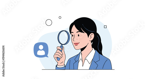 Professional businesswoman looks through a magnifying glass to carefully examine a user profile icon for recruitment or research.
