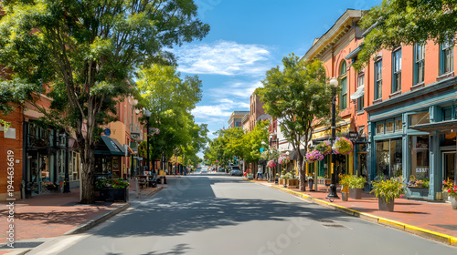 Classic and Contemporary American Streetscape in Mid-Sized Town with Trees, Shops, and Charming Architecture