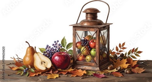 Autumn still life with lantern, fruits and leaves, vector illustration, flat design