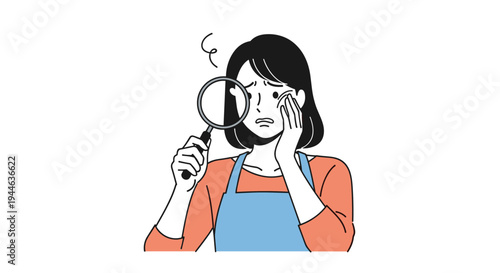 Concerned woman in an apron looks into a magnifying glass to check for skin problems or wrinkles on her face with a worried look.