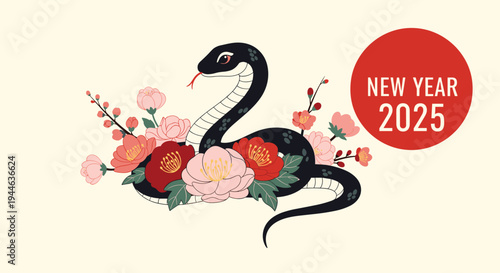 Elegant black snake illustration for the year of the snake 2025 surrounded by beautiful pink flowers on a light cream background.